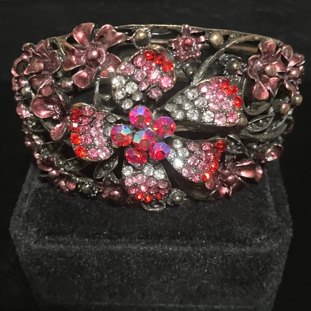 Vintage red and Pink Crystal Floral Cuff Bracelet - Women Jewelry